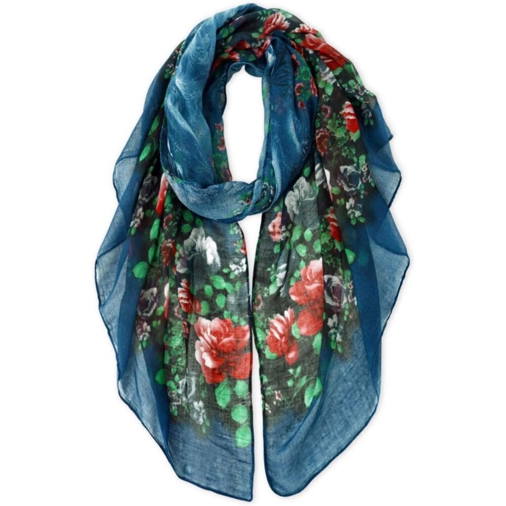 Women Blue Fashion Flowers Print Scarves Winter Head Shawl Cotton Wrap
